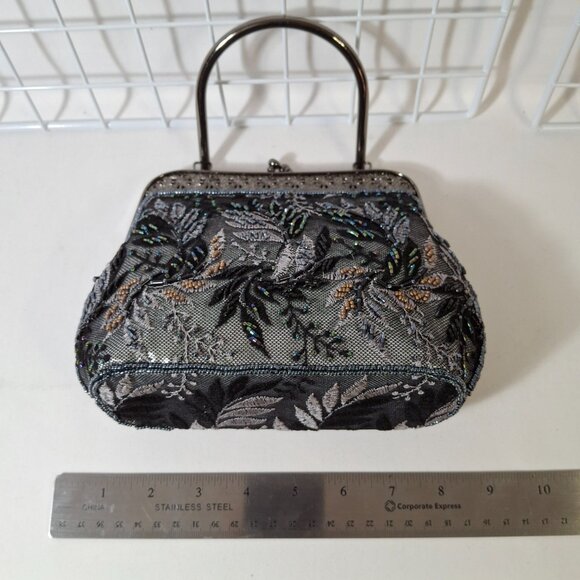 Vintage Small Tapestry Beaded Evening Purse Metal Top Handle, Crossbody Chain - Picture 12 of 16